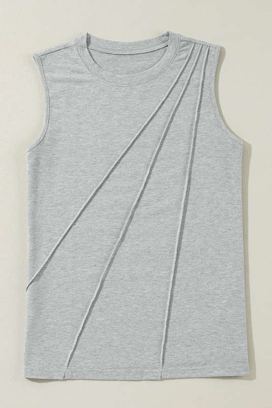 Gray Crew Neck Pleated Tank Top