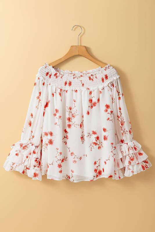 White Floral Print Shirred Off Shoulder Ruffled Sleeve Blouse