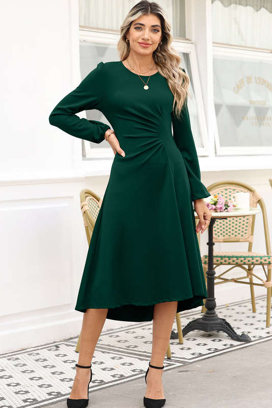 Blackish Green Solid Color Ruched Detail Long Sleeve Midi Dress