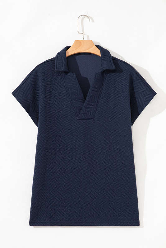 Navy Blue Textured V Neck Collared Short Sleeve Top