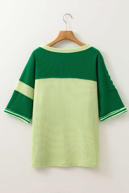 Mint Green Striped Patchwork Textured Colorblock 3/4 Sleeve Knit Top