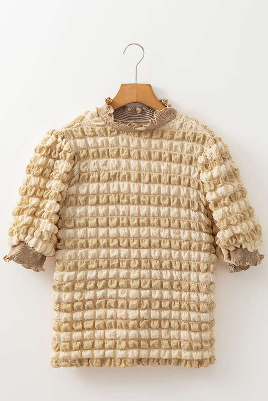 Beige Textured Mock Neck Short Sleeve Blouse