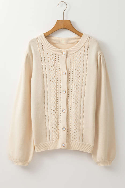 Apricot Pleated Sleeve Hollow Detail Button Sweater Cardigan