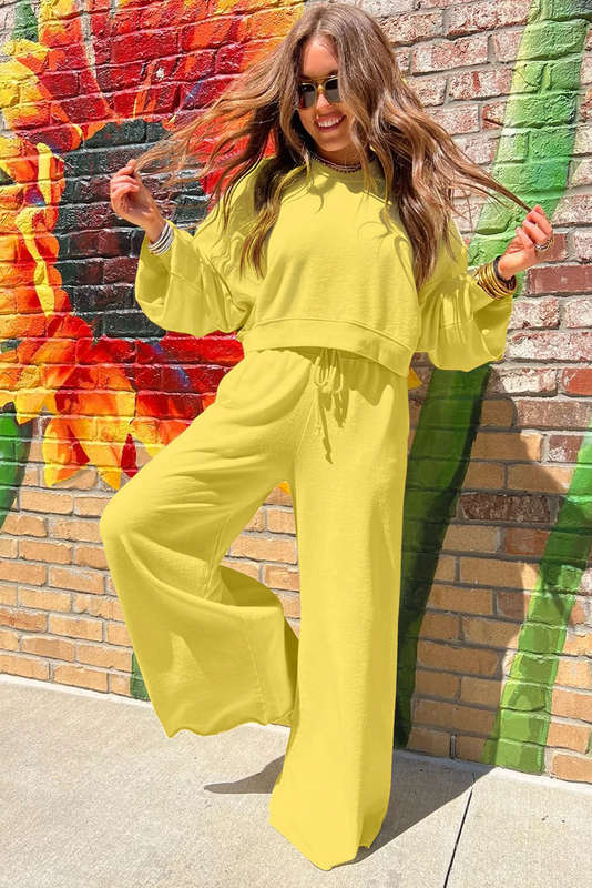 Yellow Cream Drop Shoulder Puff Sleeve Crop Pullover Drawstring Wide Leg Pants Set