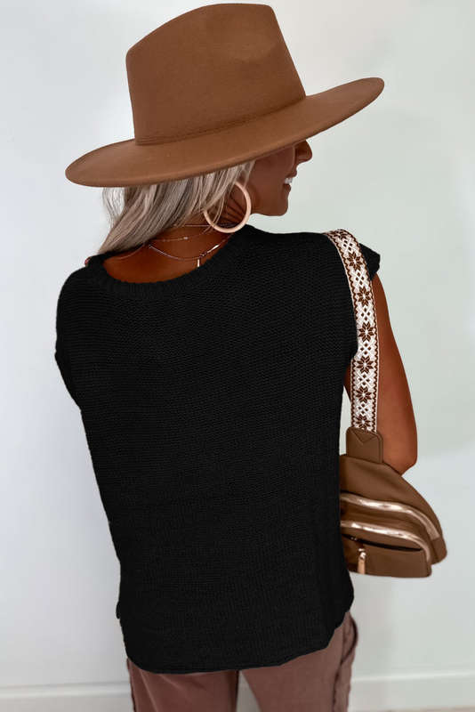 Black Solid Color Sweater Tee with Side Slits