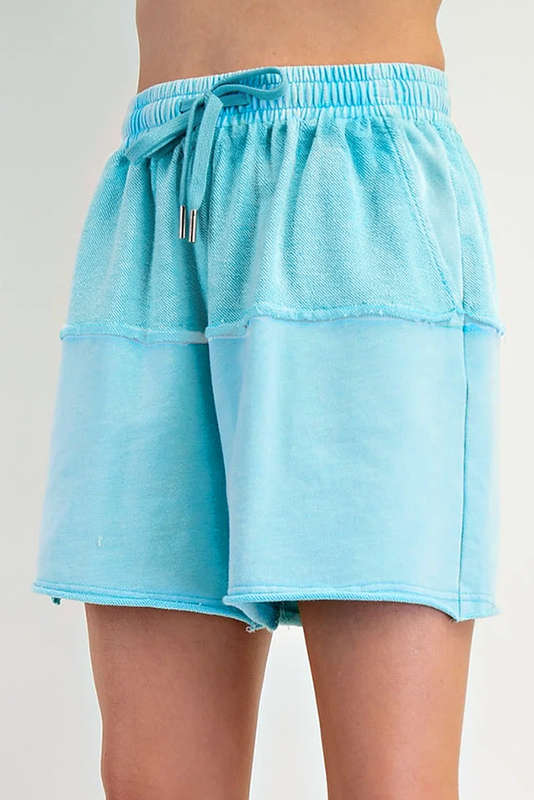 Aruba Blue Plus Size Solid Color Splicing Raw Hem Pullover Top Shorts Set