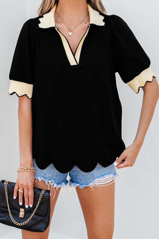 Black Color Contrast Collared V Neck Puff Sleeve Blouse
