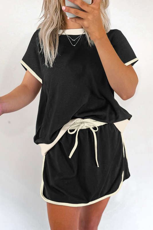Black Colorblock Edge Drop Shoulder T Shirt and Skort 2Pcs Set