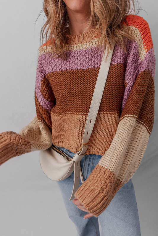 Multicolour Cropped Colorblock Drop Shoulder Knitted Sweater