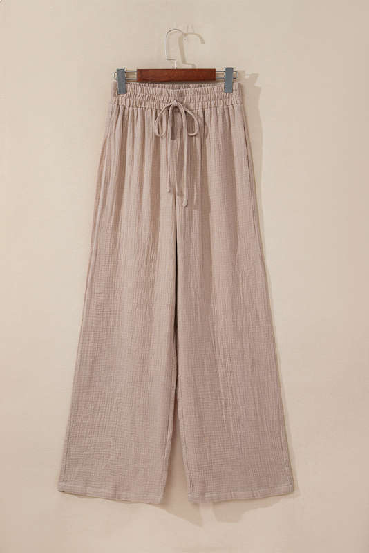 Smoke Gray Textured Loose Fit Drawstring Elastic Waistband Pants