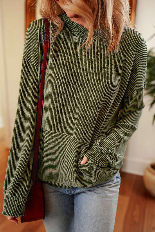 Jungle Green Twisted Rib Texture Solid Hoodie