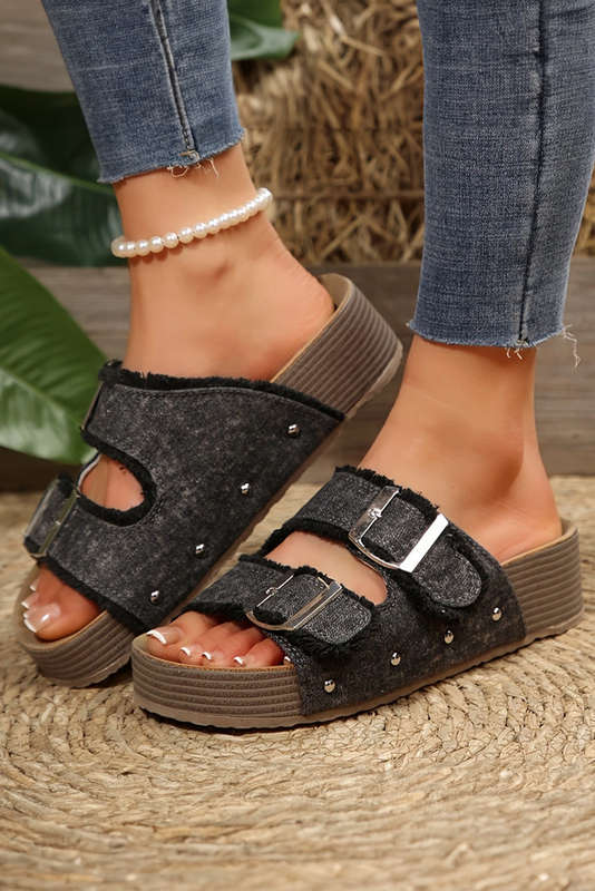 Black Double Buckle Straps Hollow Out Frayed Detial Retro Slippers
