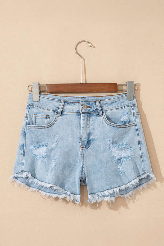 Beau Blue High Rise Distressed Raw Hem Denim Shorts