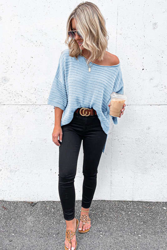 Sky Blue Textured Knit Drop Shoulder Short Sleeve Sweater