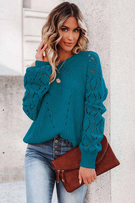 Blue-3 Hollow-out Puffy Sleeve Knit Sweater
