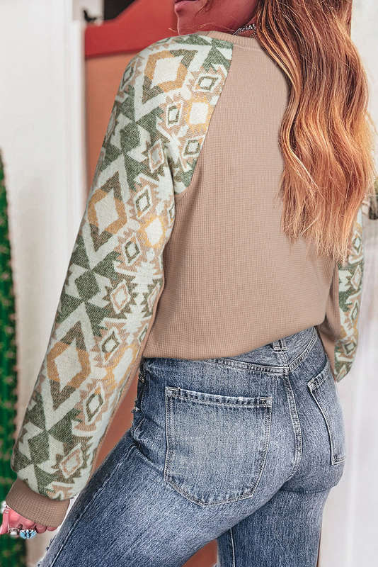 Smoke Gray Waffle Aztec Patchwork Raglan Sleeve Knit Top
