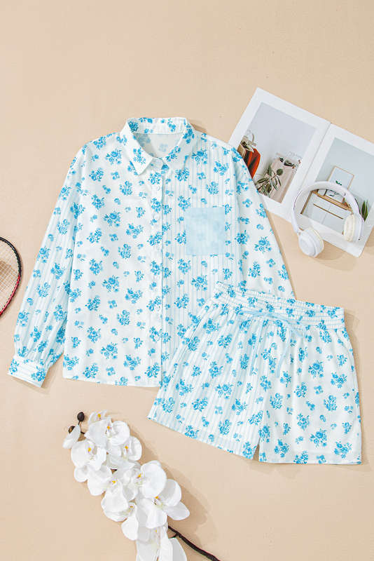 Sky Blue Floral Striped Print Contrast Patched Pocket Shirt and Shorts Set
