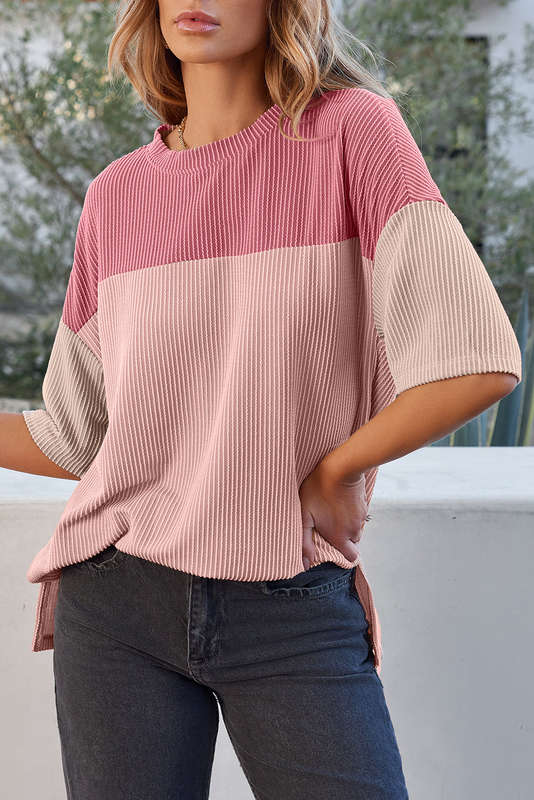 Pink Color Block Ribbed Side Slits Half Sleeve Top