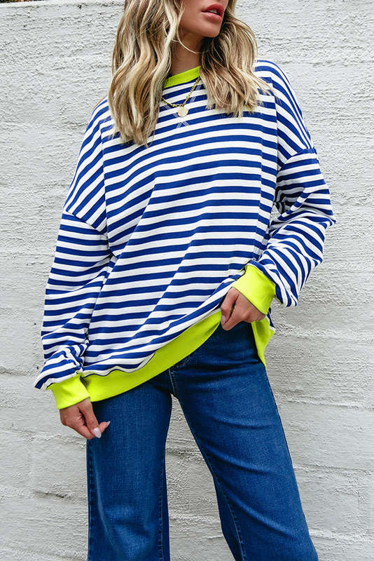 Sky Blue Stripe Striped Contrast Ribbed Trim Crossed Stitch Drop Shoulder Sweatshirt
