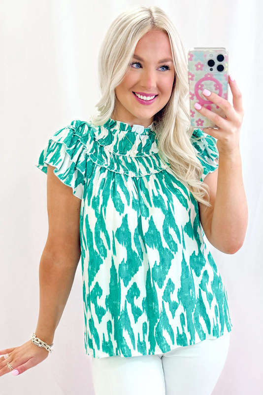 Sky Blue Abstract Print Frilled Crewneck Loose Fit Blouse