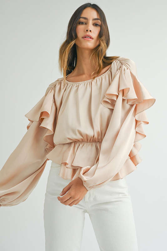 Oatmeal Lace-up Keyhole Back Ruffled Peplum Blouse