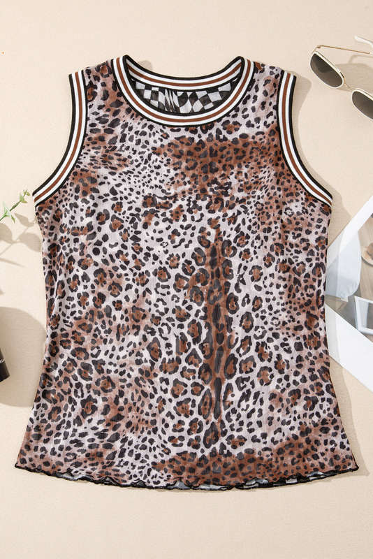 Multicolour Cheetah Checkered Dual Print Reversible Round Neck Mesh Tank Top