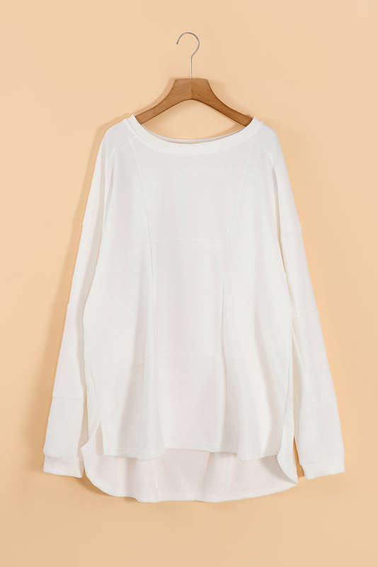 White Solid Color Patchwork Drop Shoulder Baggy Sweatshirt
