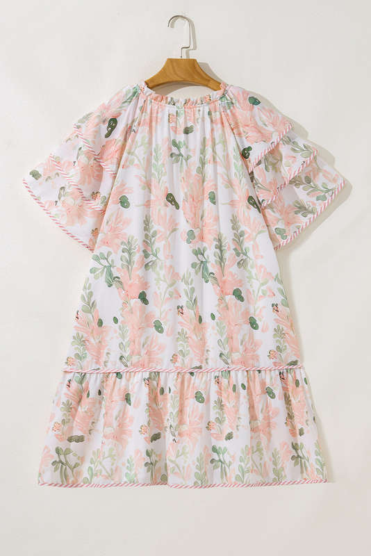 Pink Plus Size Floral Print Striped Detail Short Summer Dress