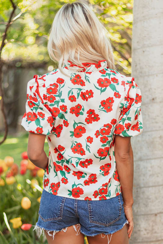 Red Floral Print Ruffled Puff Sleeve Elegant Summer Shirt
