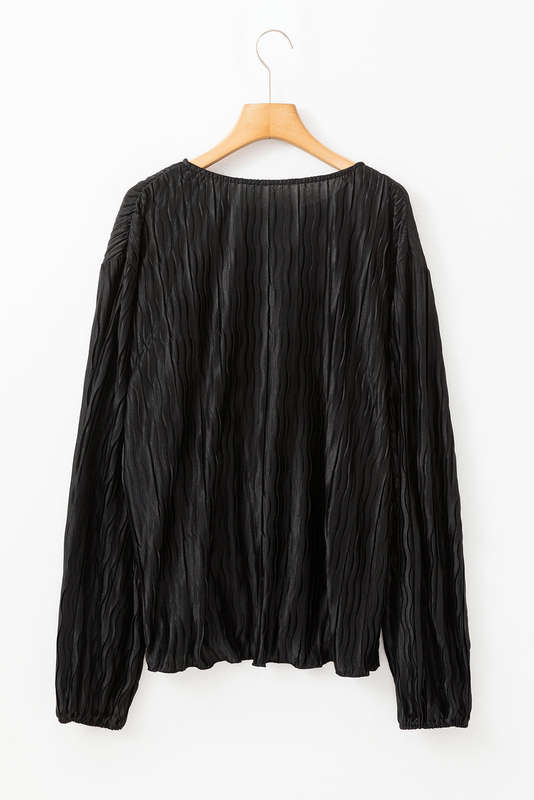 Black Textured Bubble Sleeve V Neck Loose Blouse