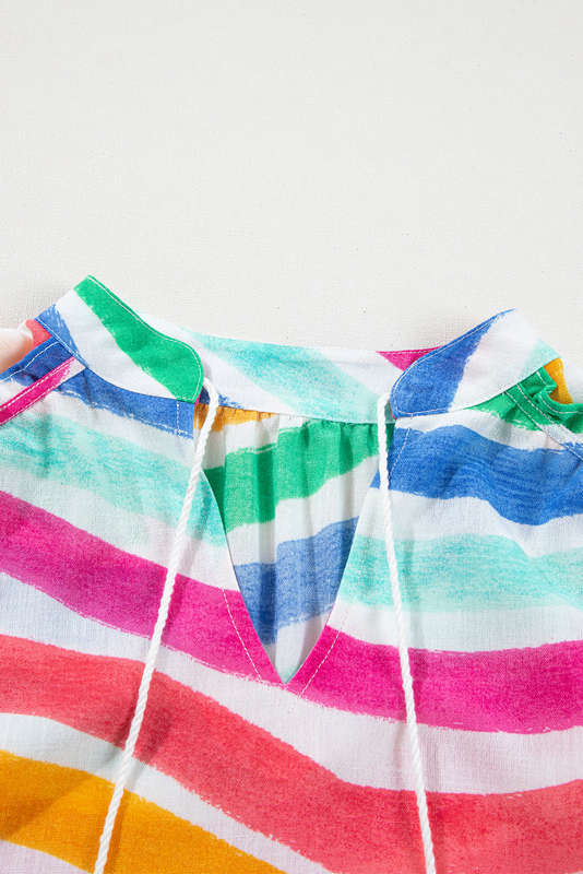 Rose Red Rainbow Stripes Ruffled Hem Drawstring V Neck Tank Top