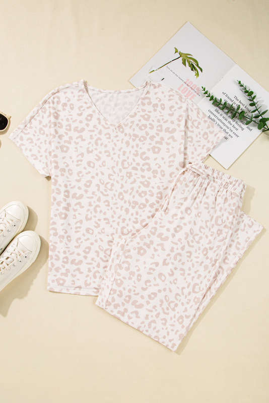 Beige Cheetah V Neck Tee and Pants Lounge Set