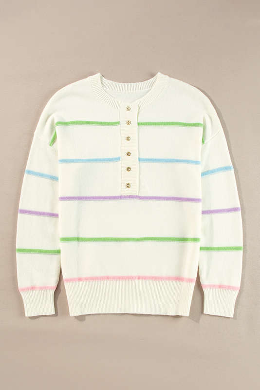 White Rainbow Stripes Drop Shoulder Baggy Henley Sweater