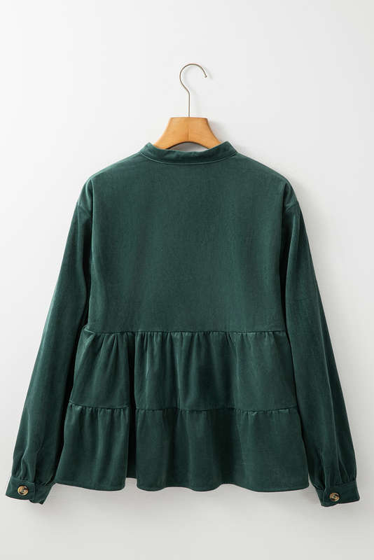 Skobeloff Corduroy Ruffle Tiered Buttoned O Neck Shirt