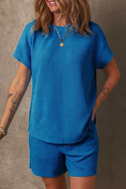 Bluing Solid Textured Crew Neck Short Set