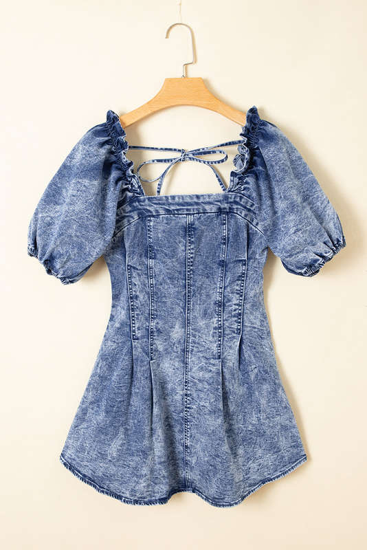 Blue V-Neck Knitted Summer Top with Exposed Seams