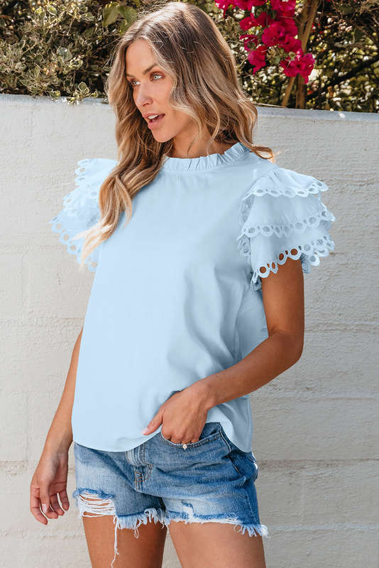 Blue V-Neck Knitted Summer Top with Exposed Seams