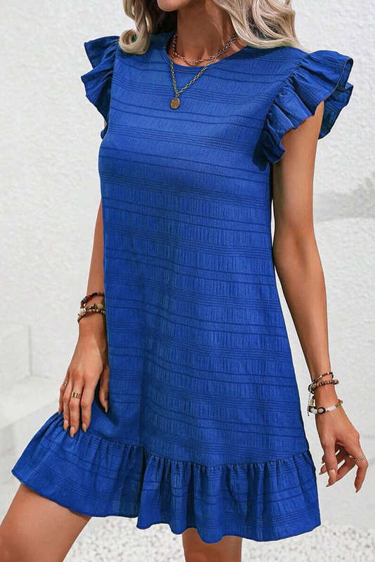 Dark Blue Textured Flutter Sleeve Ruffled Mini Dress