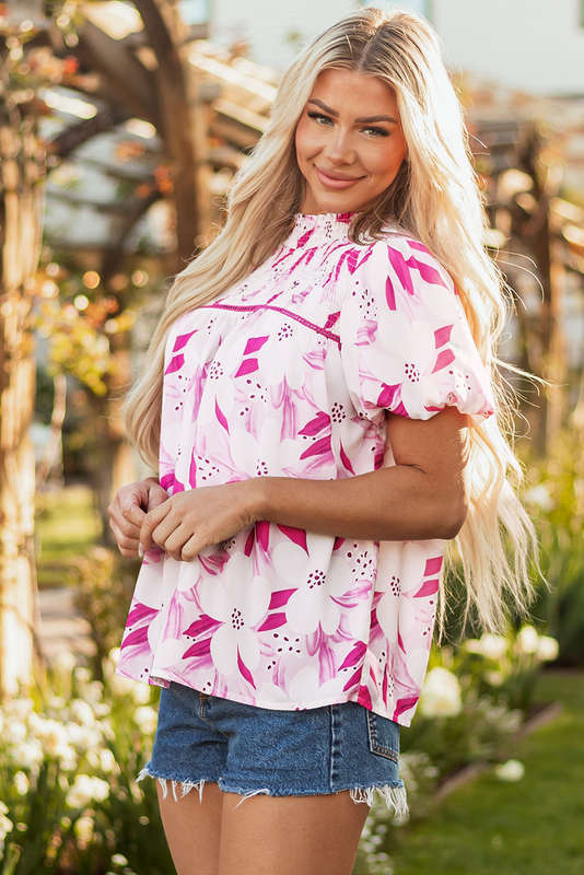 Rose Floral Frilled Collar Short Sleeve Blouse Top