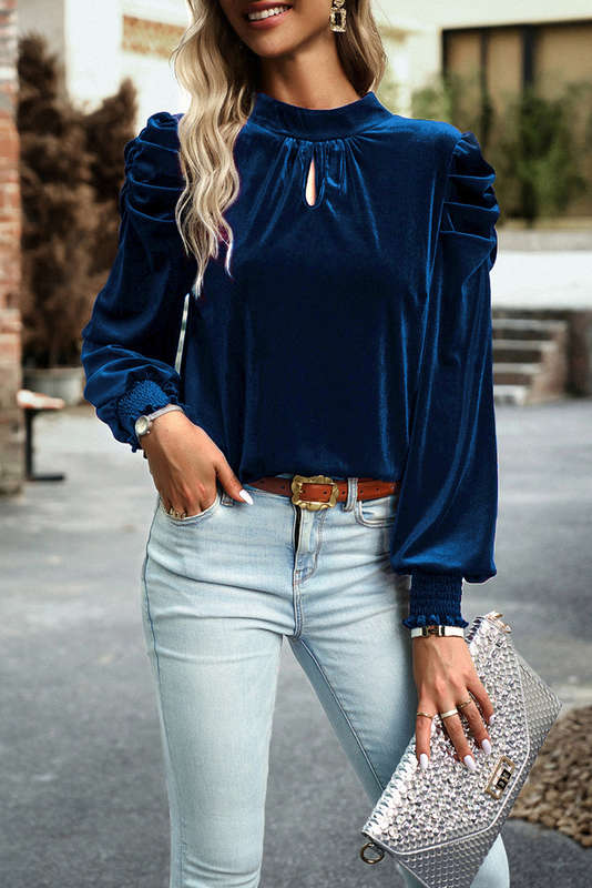 Blue V-Neck Knitted Summer Top with Exposed Seams