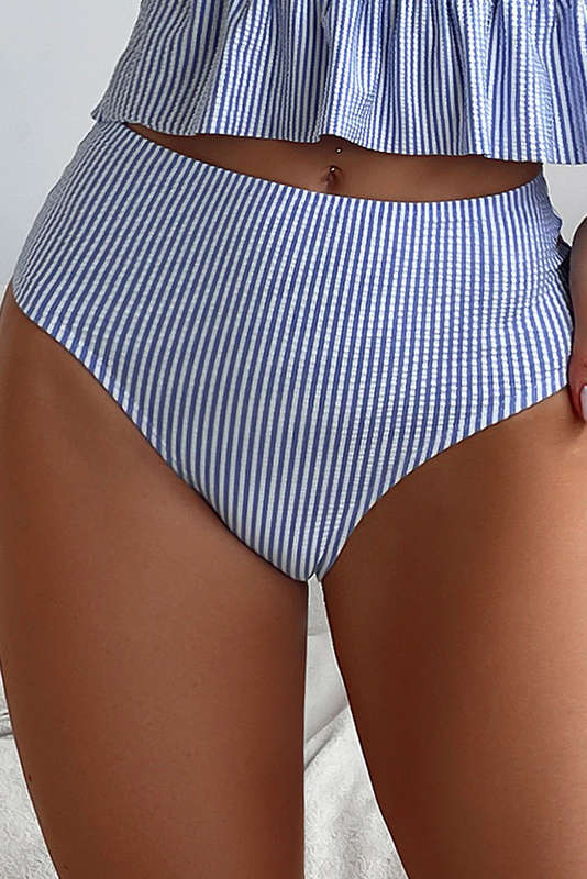 Sky Blue Striped Ruffled Shoulder Peplum Top 2 Piece Tankinis