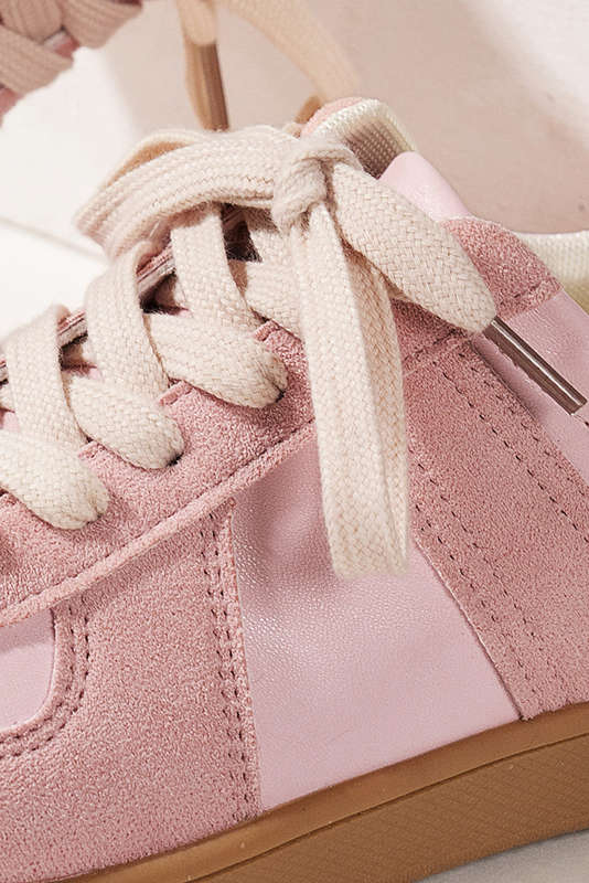 Pink Two Tone Faux Suede Leather Patched Lace-up Sneakers