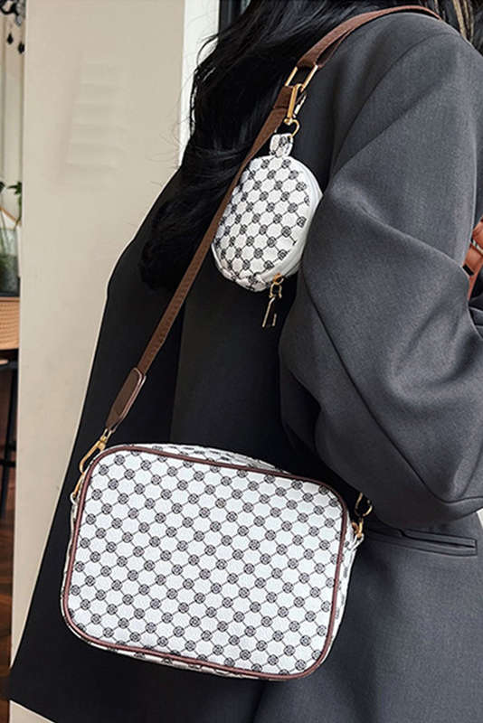 White Checkered Print PU Leather Shoulder Bag with Coin Wallet
