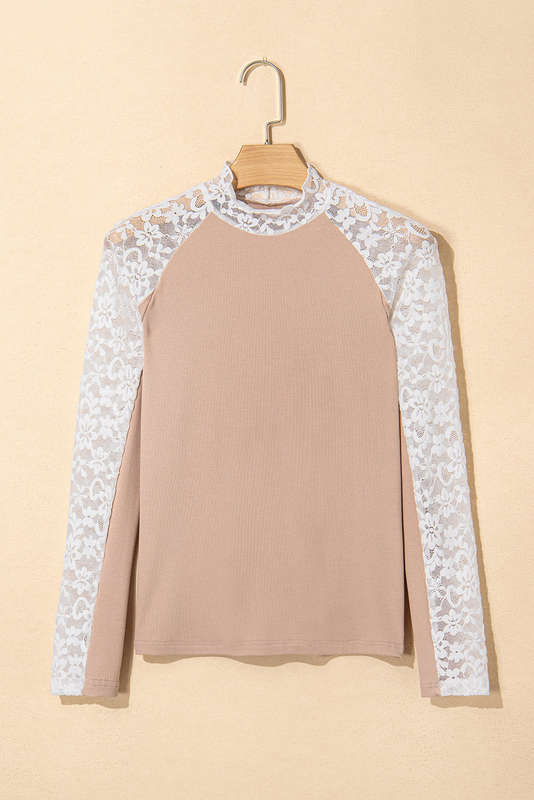 Smoke Gray Floral Lace Patchwork Long Sleeve High Neck Slim Top