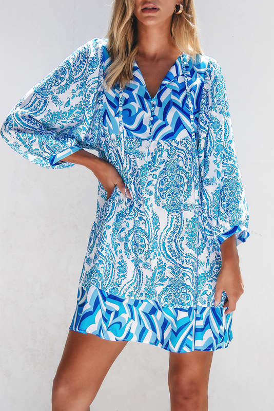 Blue V-Neck Knitted Summer Top with Exposed Seams