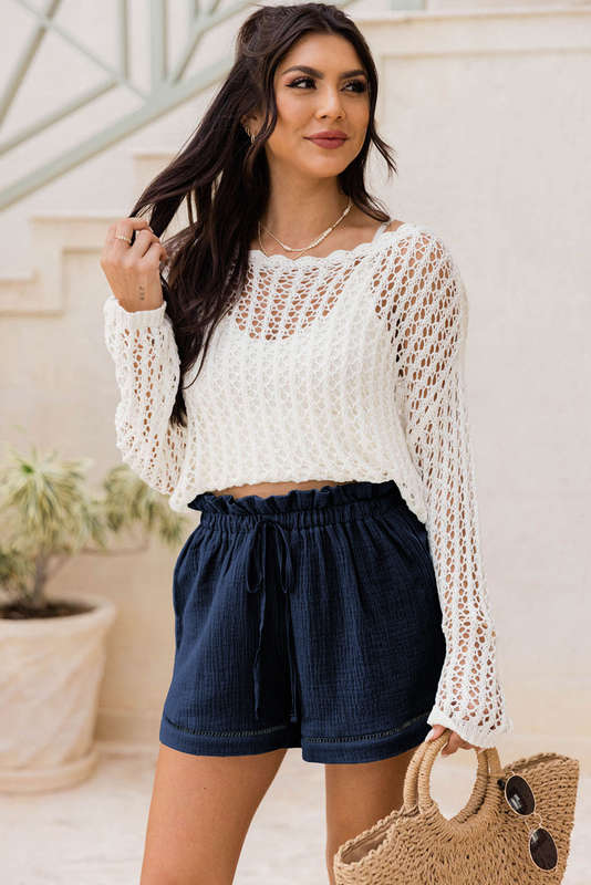Blue Cotton Gauze Paperbag Shorts