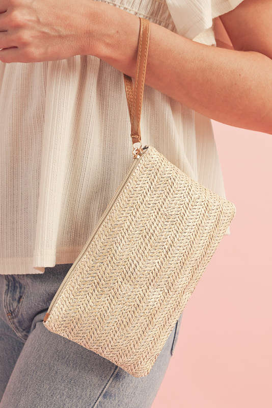 Oatmeal Straw Woven Wrist Strap Zipper Large Wallet