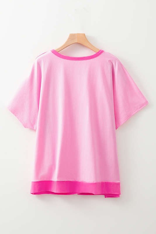 Bright Pink Colorblock Patchwork Short Sleeve Buttons Plus Size Henley Top