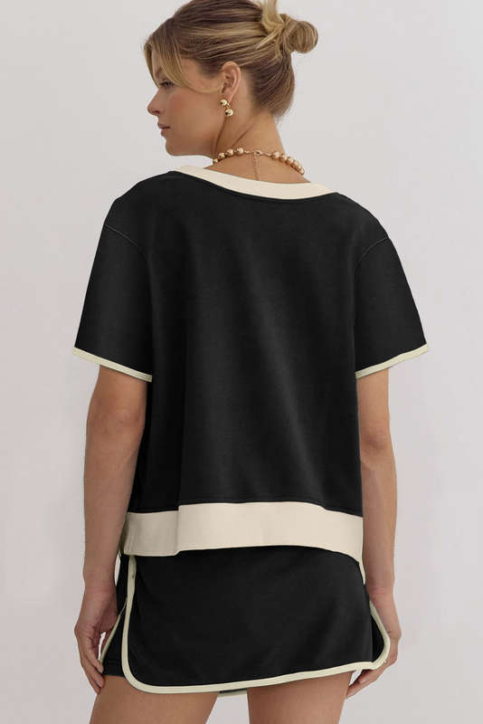Black Colorblock Edge Drop Shoulder T Shirt and Skort 2Pcs Set