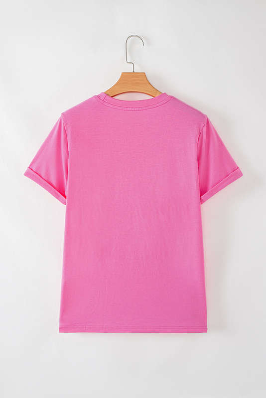 Sachet Pink Bright Casual Plain Crew Neck Tee